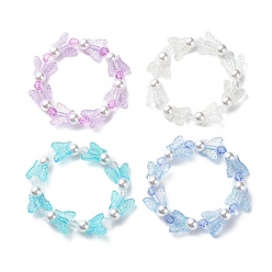 Mixed Color 4Pcs 4 Color Acrylic Butterfly & Plastic Pearl Beaded Stretch Bracelets, Stackable Bracelets for Girls, Mixed Color, Inner Diameter: 1-7/8 inch(4.8cm), 1Pc/color