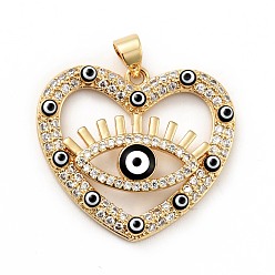 Black Rack Plating Brass Micro Pave Clear Cubic Zirconia Pendants, with Enamel, Cadmium Free & Lead Free, Heart with Evil Eye, Real 18K Gold Plated, Black, 24.5x27x4.5mm, Hole: 3x3.7mm
