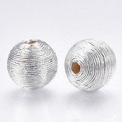 Silver Wood Beads Covered with Polyester Cord Wire, Round, Silver, 14~15x13~14mm, Hole: 2~3mm