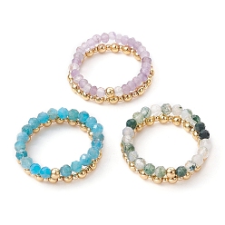 Mixed Stone 3 Set 3 Style Natural Mixed Gemstone & Brass Round Beaded Stretch Rings Set, Stackable Rings, Inner Diameter: 21mm, 2Pcs/set, 1 Set/style