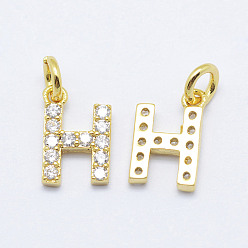 Real 18K Gold Plated Brass Micro Pave Grade AAA Cubic Zirconia Charms, Letter H, Cadmium Free & Nickel Free & Lead Free, Real 18K Gold Plated, 9x6x1.5mm, Hole: 2mm