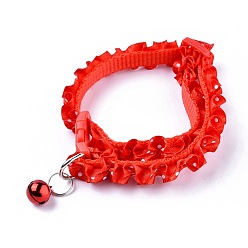 Red Adjustable Polyester Lace Dog/Cat Collar, Pet Supplies, with Iron Bell and Polypropylene(PP) Buckle, Red, 21~35x0.9cm, Fit For 19~32cm Neck Circumference