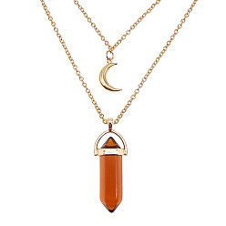 Jasper Dyed Natural Jasper Cone Pendant Double Layer Necklace, with Moon Charms, 19.69 inch(50cm)
