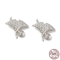 Real Platinum Plated Rhodium Plated 925 Sterling Silver Charms, with Cubic Zirconia, Gingko Leaf Charm, with S925 Stamp, Real Platinum Plated, 14x13x2mm, Hole: 1.2mm, Pin: 0.6mm