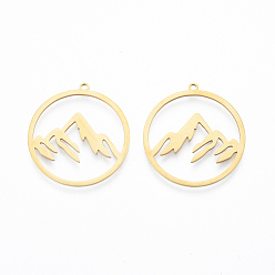 Real 18K Gold Plated 201 Stainless Steel Pendants, Ring with Mountain, Real 18K Gold Plated, 27.5x26x1mm, Hole: 1.4mm