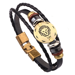 Leo Braided Cowhide Cord Multi-Strand Bracelets, Constellation Bracelet for Men, with Wood Bead & Alloy Clasp, Leo, 8-1/4 inch(21cm)