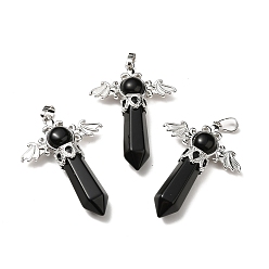 Obsidian Natural Obsidian Pendants, Angel Charms, with Rack Plating Platinum Tone Brass Findings, Cadmium Free & Lead Free, 52~53x37x11mm, Hole: 8x5mm