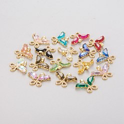 Mixed Color Brass Glass Pendants, with Clear Micro Pave Cubic Zirconia, Butterfly, Golden, Mixed Color, 19.5~20x29.5~30x4.5mm, Hole: 5x3.5mm