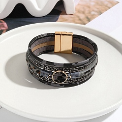 Black Leather Multi-strand Bracelets, with Magnetic Clasp, Black, 7-5/8 inch(19.5cm)