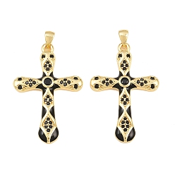 Negro Micro latón allanan colgantes cúbicos del zirconia, con esmalte, encantos cruzados, sin plomo y cadmio, chapado en rack, larga duración plateado, real 18 k chapado en oro, negro, 37.5x24.5x3.5 mm, agujero: 3x5 mm