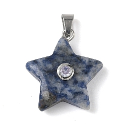(306FM) Жонкиль матовый с лаймовой подкладкой Натуральные синие пятна яшмы подвески, подвески-звезды с 201 микрофиброй из нержавеющей стали и кубическими циркониями, цвет нержавеющей стали, 21.5x20x6.5 мм, отверстие : 6x3 мм