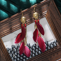 Cerise Feather Tassel Dangle Earrings, Bohemia Style Long Drop Earrings for Women, Cerise, 60x17mm