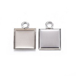 Stainless Steel Color 304 Stainless Steel Pendant Cabochon Settings, Plain Edge Bezel Cups, Square, Stainless Steel Color, 15x11x1.2mm, Hole: 2.3mm, Tray: 10x10mm