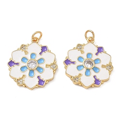 Coloré Pendentifs en laiton zircon cubique transparent, avec l'émail, charmes de fleurs, or, colorées, 24x21.5x3mm, Trou: 3.5mm