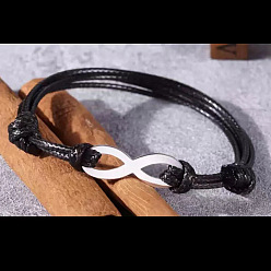 Infinity Platinum Alloy Link Bracelet, Wax Rope Braided Adjustable Bracelet, Infinity, 6-3/4 inch(17cm)