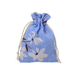 Cornflower Blue Cotton Cloth Packing Pouches, Drawstring Bags with Flower Pattern, Cornflower Blue, 14x10cm