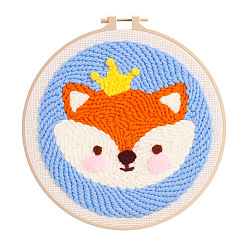 Orange DIY Fox Pattern Punch Needle Embroidery Beginner Kits, including Printed Fabric, Yarn & Needle, Threader, Embroidery Hoop, Punch Pen, Instruction Sheet, Orange, 200mm