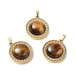 Tiger Eye Natural Tiger Eye Pendants, with Golden Tone 304 Stainless Steel and Crystal Rhinestone Findings, Half Round Charm, 24.5x21x8mm, Hole: 3.5x6mm