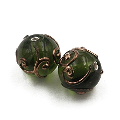 Dark Green Transparent Czech Glass Beads, Round with Golden Vortex, Dark Green, 12mm