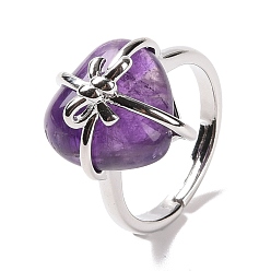 Аметист Сердце из натурального аметиста с регулируемым кольцом с бантом, украшения из латунной проволоки для женщин, без кадмия и без свинца, платина, размер США 7 1/4~13 (17.5~22.3 мм)