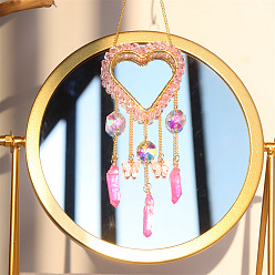 Pink Heart Quartz Crystal Dyed Hanging Suncatcher Pendant Decoration, Crystal Ball Prism Pendants, with Brass & Iron Findings, Pink, 300mm