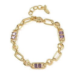 Фиолетовый Браслет-цепочка из латуни в виде кольца и скрепки с микропаве из кубического циркония для женщин., реальный 18 k позолоченный, без кадмия и без свинца, стойки покрытие, долговечный, фиолетовые, 6.89 дюйм (17.5 см)