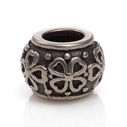Antique Silver 304 Stainless Steel European Beads, Large Hole Beads, Rondelle with Clover, Antique Silver, 10.5x7.5mm, Hole: 5mm