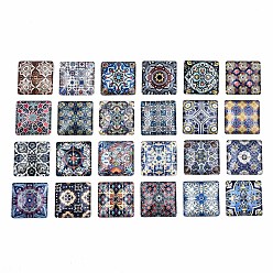 Mixed Color Glass Cabochons, Square with Floor Tile Pattern, Mixed Color, 25x25x7mm, 24pcs/set