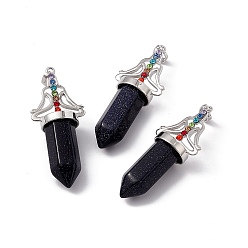 Blue Goldstone Synthetic Blue Goldstone Big Pendants, 7 Chakra Faceted Bullet Charms, with Platinum Plated Brass Findings and Colorful Rhinestone, Cadmium Free & Lead Free, 55x22.5x16mm, Hole: 8x5mm