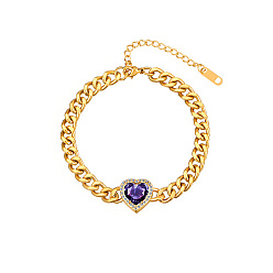 Dark Violet Heart Cubic Zirconia Link Bracelets, with Golden Stainless Steel Cuban Link Chains, Dark Violet, 7-1/8 inch(18cm)