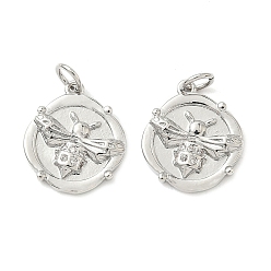 Платина Латунные микропаве прозрачные подвески с фианитом, плоский круглый с пчелами, долговечный, без кадмия и без свинца, стойки покрытие, с целью перехода в кольце, платина, 16.5x14.5x3 мм, отверстие : 3.6 мм