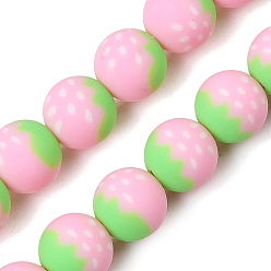 Pink Handmade Polymer Clay Beads Strands, Round with Strawberry, Pink, 8mm, Hole: 1.2mm, about 40pcs/strand, 12.20''(31cm)