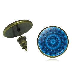 Dodger Blue Glass Mandala Flower Stud Earrings, Antique Bronze Alloy Jewelry for Women, Dodger Blue, 14mm