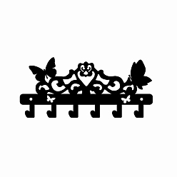 Black Iron Wall Mounted Hook Hangers, Decorative Organizer Rack with 6 Hooks, for Bag Clothes Key Scarf Hanging Holder, Butterfly, Black, 15x33cm