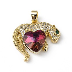 Medium Violet Red Real 18K Gold Plated Rack Plating Brass Micro Pave Clear Cubic Zirconia Pendants, with Glass, Long-Lasting Plated, Cadmium Free & Lead Free, Leopard with Heart Charm, Medium Violet Red, 24.5x25x8.2mm, Hole: 5x3.2mm