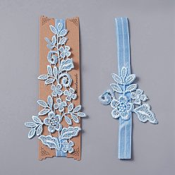 Deep Sky Blue Polyester Lace Elastic Bridal Garters, Flower Pattern, Wedding Garment Accessories, Deep Sky Blue, 190~209x16~98mm, 2pcs/set