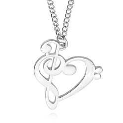Platinum Alloy Pendant Necklaces, Heart with Musical Note, Platinum, 19.69 inch(50cm)
