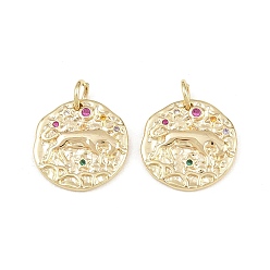 Taurus Brass Micro Pave Colorful Cubic Zirconia Charms, Round with Constellation Charms, Rack Plating, Long-Lasting Plated, Cadmium Free & Lead Free, Golden, Taurus, 14~15x14~15x1.6~2.2mm