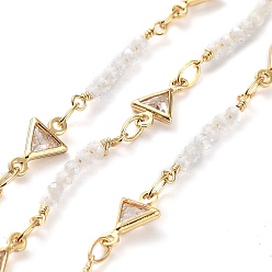 Real 18K Gold Plated Handmade Triangle Brass Link Chains, with Glass Beaded, with Spool, Soldered, Real 18K Gold Plated, Triangle Link: 9.8x5x2mm, about 16.40 Feet(5m)/Roll