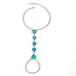 Deep Sky Blue Alloy Curb Chains Toe Ring Anklets, Glass Heart Sandal Foot Chains Anklets, Deep Sky Blue, 8-5/8 inch(22cm)