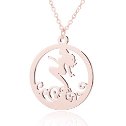 Rose color Cute Cartoon Mermaid Stainless Steel Pendant Necklace for Women, Simple Summer Wave Collarbone Chain