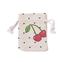 Colorful Burlap Packing Pouches, Drawstring Bags, Rectangle with Cherry Pattern, Colorful, 8.7~9x7~7.2cm