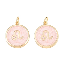 Leo Brass Enamel Pendants, Flat Round & Constellation Charms, Rack Plating, Long-Lasting Plated, Cadmium Free & Lead Free, Golden, Leo Charms, 17.5x15x2mm, Hole: 3mm