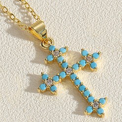 Aquamarine Real 14K Gold Plated Brass Cubic Zircon Pendant Necklace for Women, Cross, Aquamarine, 17.72 inch(45cm)