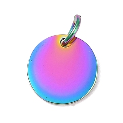 Rainbow Color Ионное покрытие (ip) 304 подвески из нержавеющей стали, с целью перехода в кольце, зеркальная полировка, плоский круглый шарм, штамповка пустой метки, Радуга цветов, 10x1 мм, отверстие : 3.5 мм