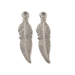 Stainless Steel Color 304 Stainless Steel Pendants, Feather Charm, Stainless Steel Color, 26.3x7x2mm, Hole: 1.5mm