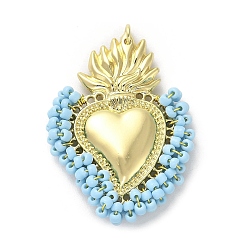 Light Sky Blue Rack Plating Brass Pendants, Alloy and Clay, Real 18K Gold Plated, Cadmium Free & Lead Free, Long-Lasting Plated, Sacred Heart of Jesus, Light Sky Blue, 51x38x7.5mm