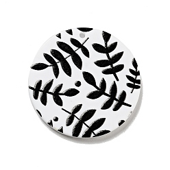 Black Printed Acrylic Pendants, Flat Round with Leaf Pattern, Black, 29.5x2mm, Hole: 1.5mm