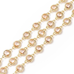 Real 18K Gold Plated Faceted K9 Glass Handmade Beaded Chains, Soldered, with Eco-Friendly Brass Findings, Cadmium Free & Lead Free, Flat Round, Misty Rose, Real 18K Gold Plated, 12x7x3mm