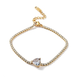 Сердце Браслет с фианитами, с вакуумным покрытием PVD золотистого цвета 304 нержавеющая сталь стразы чашки цепи, сердце, 7-1/8 дюйм (18.2 см), Кулон : 8.5x8.5 мм